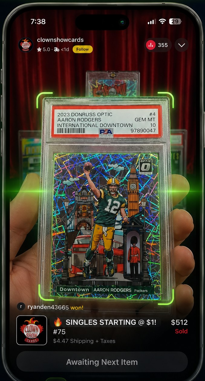 Comp Buddy identifying a PSA 10 Aaron Rodgers Downtown card during a Whatnot live stream